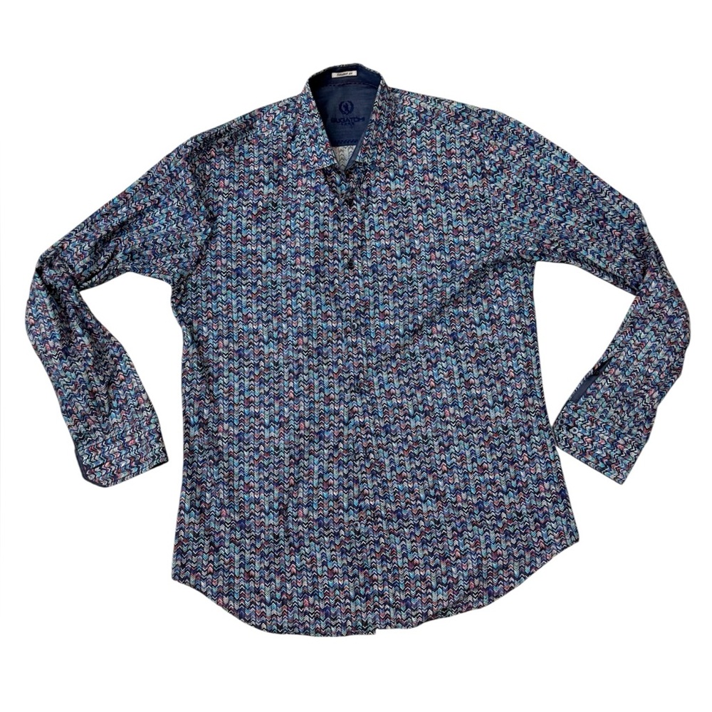 Bugatchi Shirt Men’s L Multicolor 100% Cotton Wave-Print Button Down LIKE NEW!